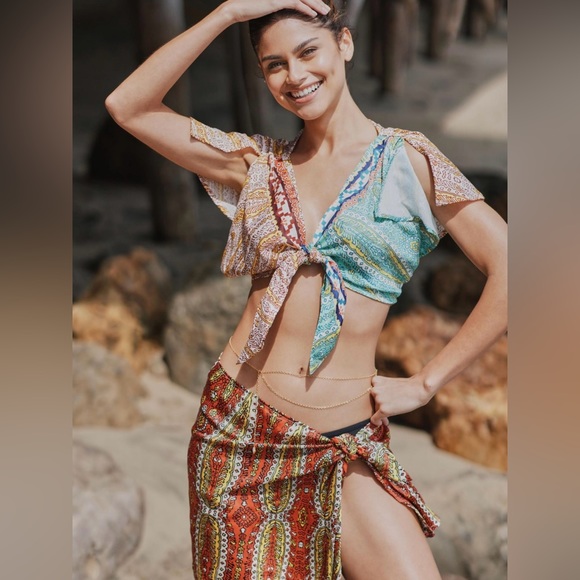 New Anthropologie Women’s 2 Piece Boho Resort Summer Skirt Crop Top Cover Up Set - Picture 1 of 3